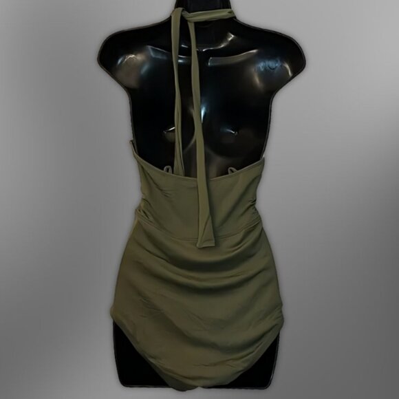 Becca Swimsuit One-Piece Design Halter Neckline Durable Fabric Blend Green M NWT - Picture 2 of 4